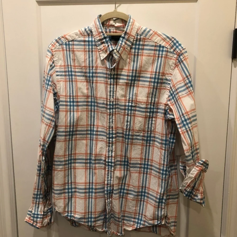 J. Crew White/Blue/Orange Plaid Button Down